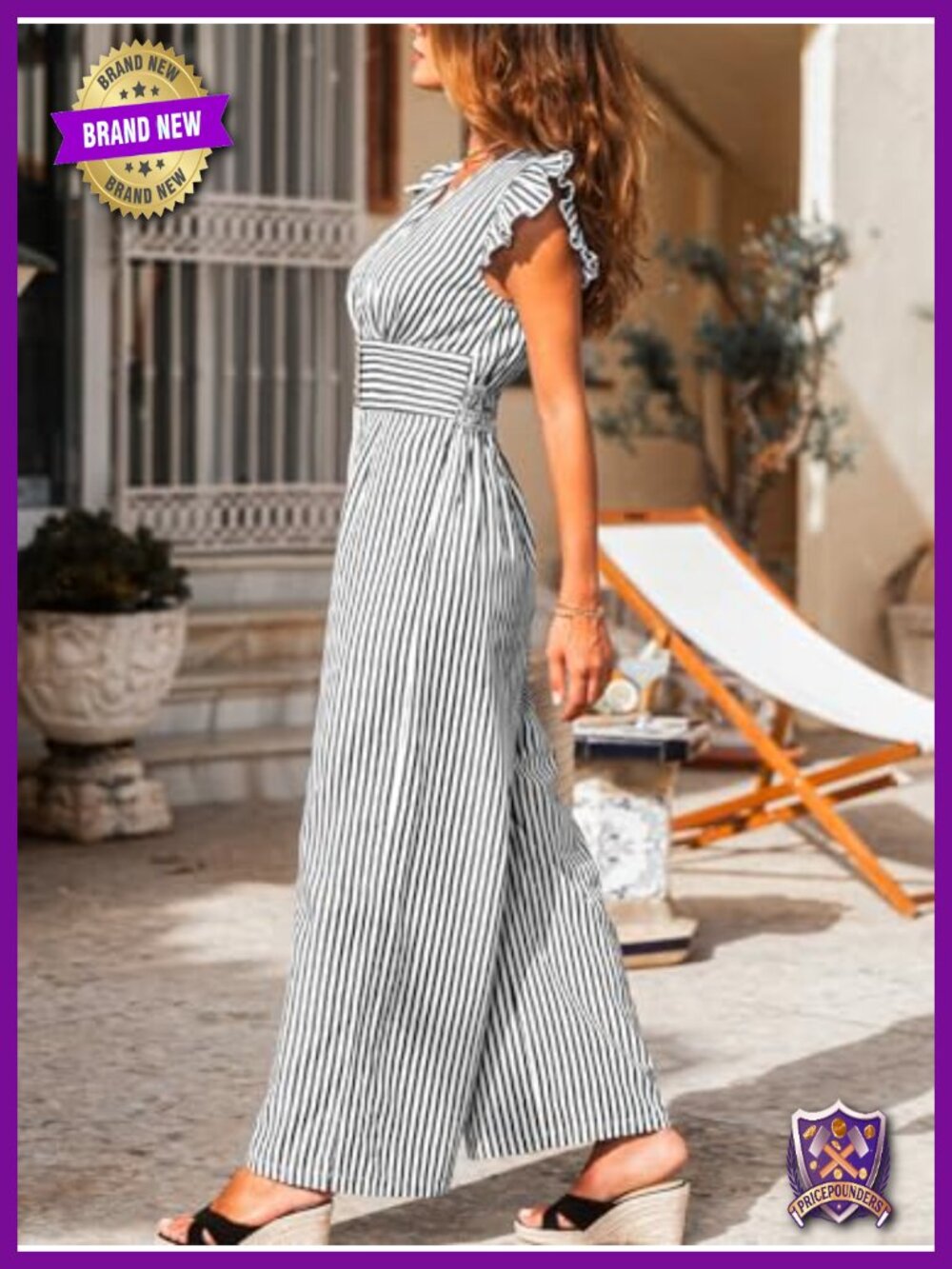 CUPSHE Women's Ruffle Cap Sleeve V-Neck Loose Fit Wide Leg Striped Jumpsuit - Picture 4 of 5